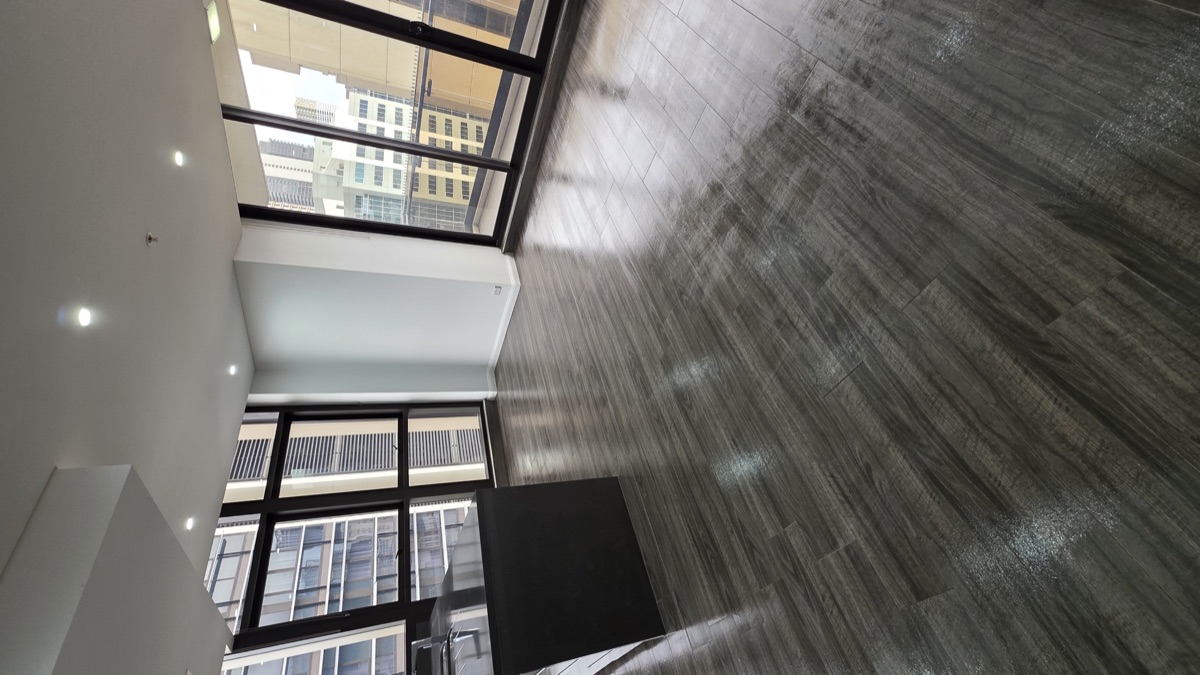 Polished dark timber floors in Sydney apartment living room after end of lease clean, city views